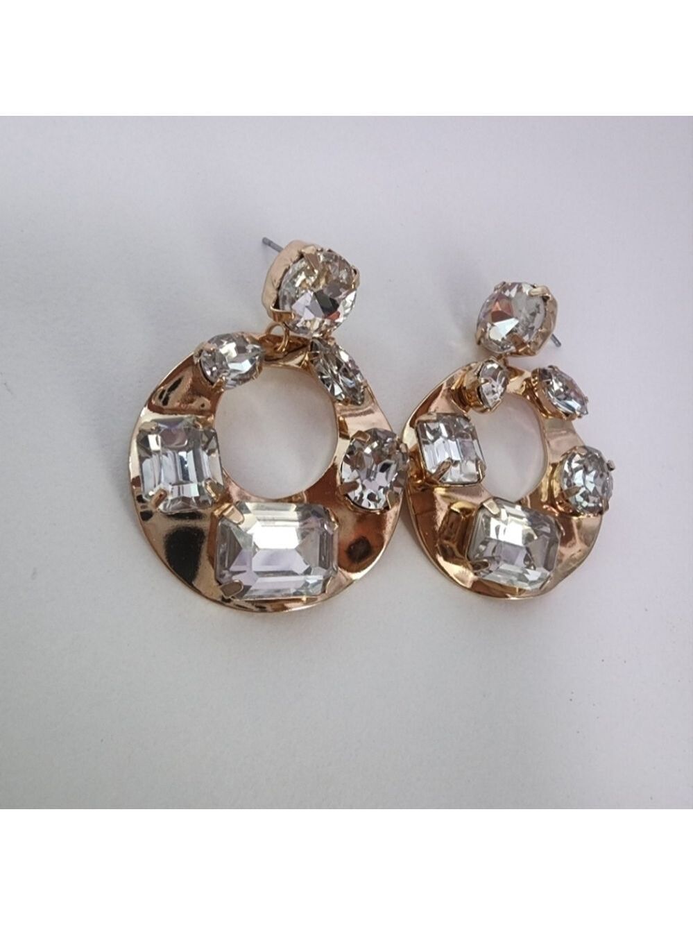 NEW Golden Multi Stone Embellished Crushed Metal Dangle Earrings